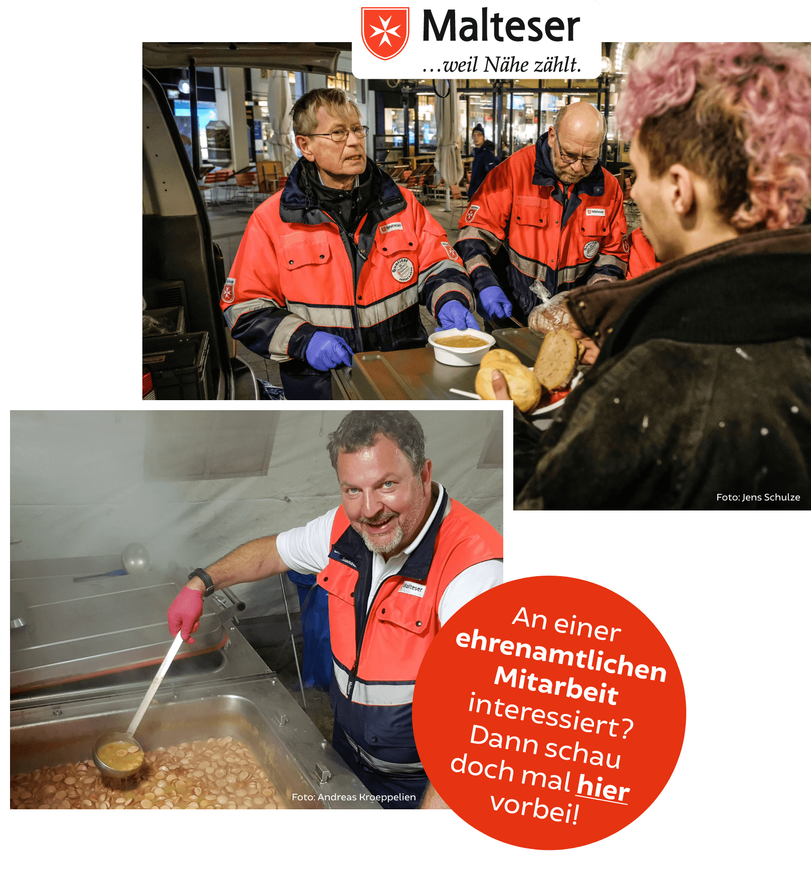 Mitarbeitende des Malteser Hilfsdienstes geben Essen an bedürftige Menschen aus.